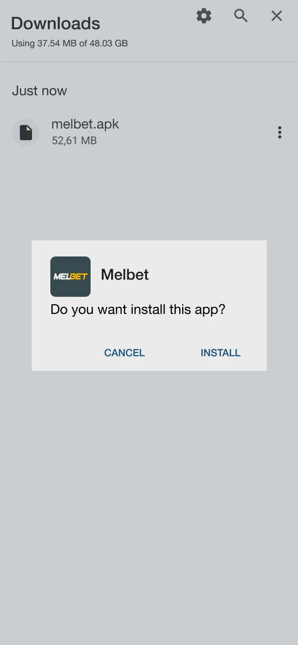 Click Install to set up Melbet.