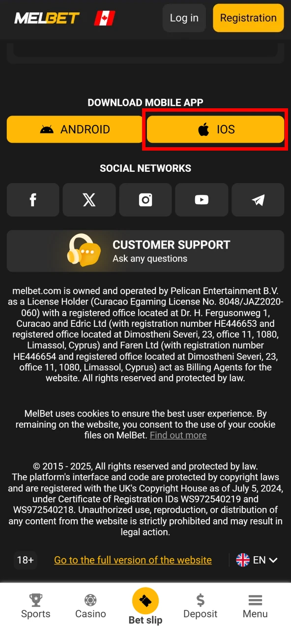 Click the iOS button to add a mobile version of Melbet.