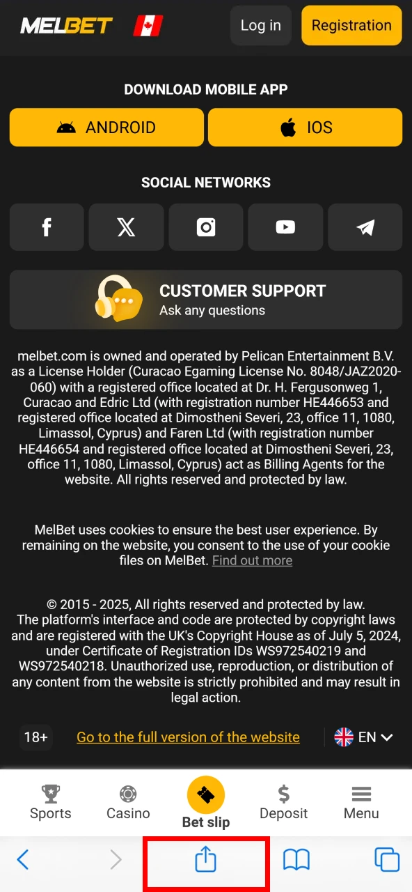 Click Share to open the menu and add the mobile version of Melbet.