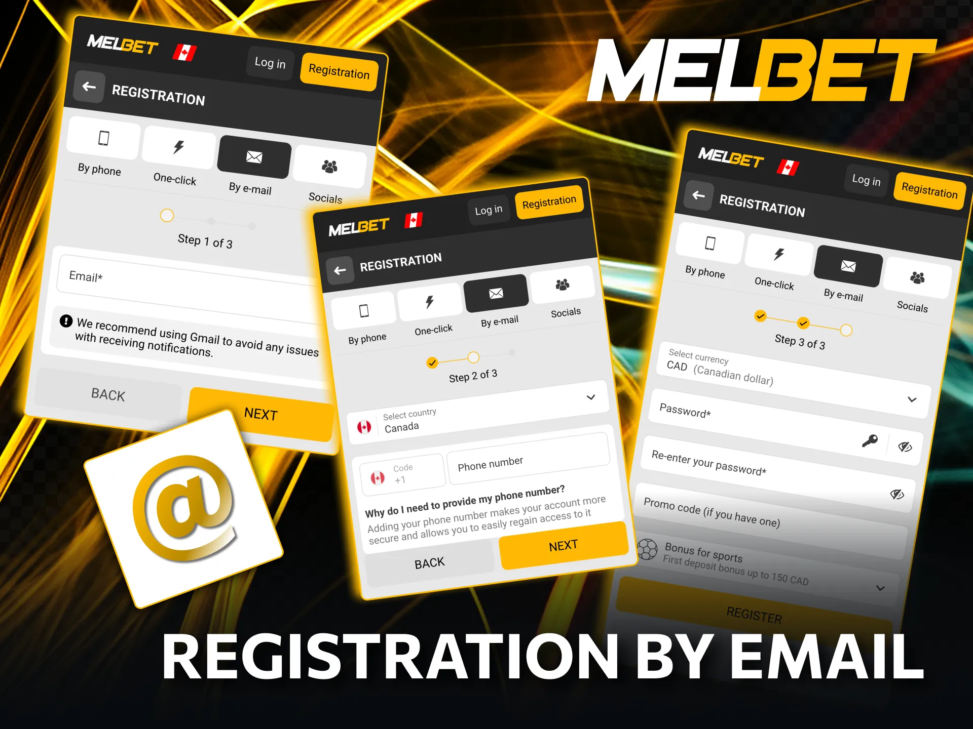 Melbet email registration steps for Canadian players.