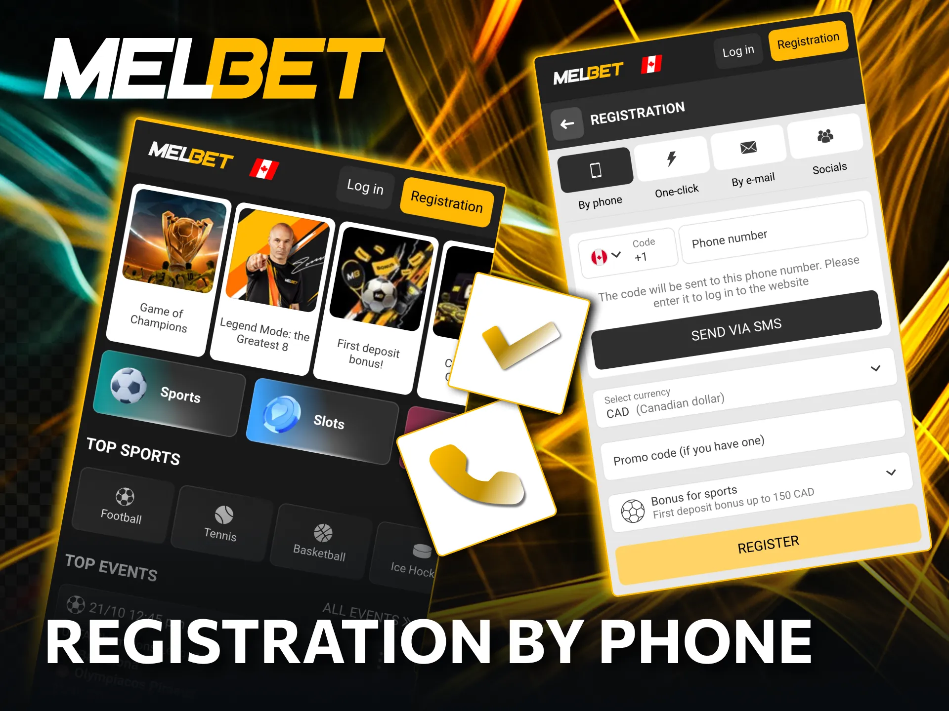 Creating a Melbet account via phone with bonus selection.