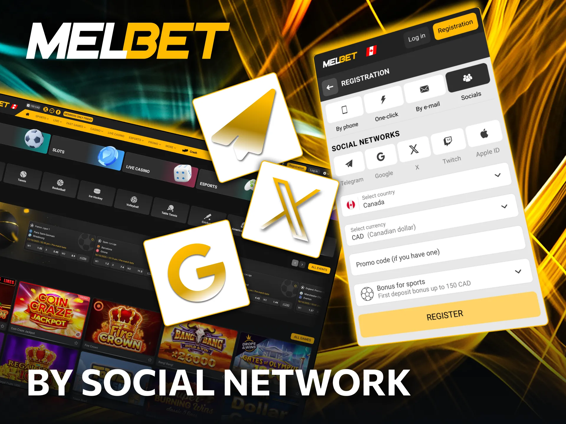 How to sign up at Melbet using Telegram, Google, or Apple ID.