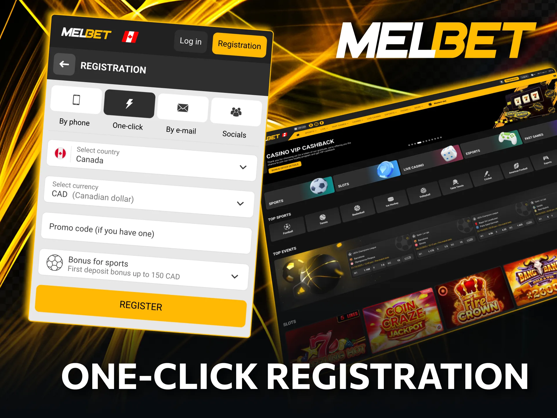 Melbet fast sign-up process using country and currency selection.