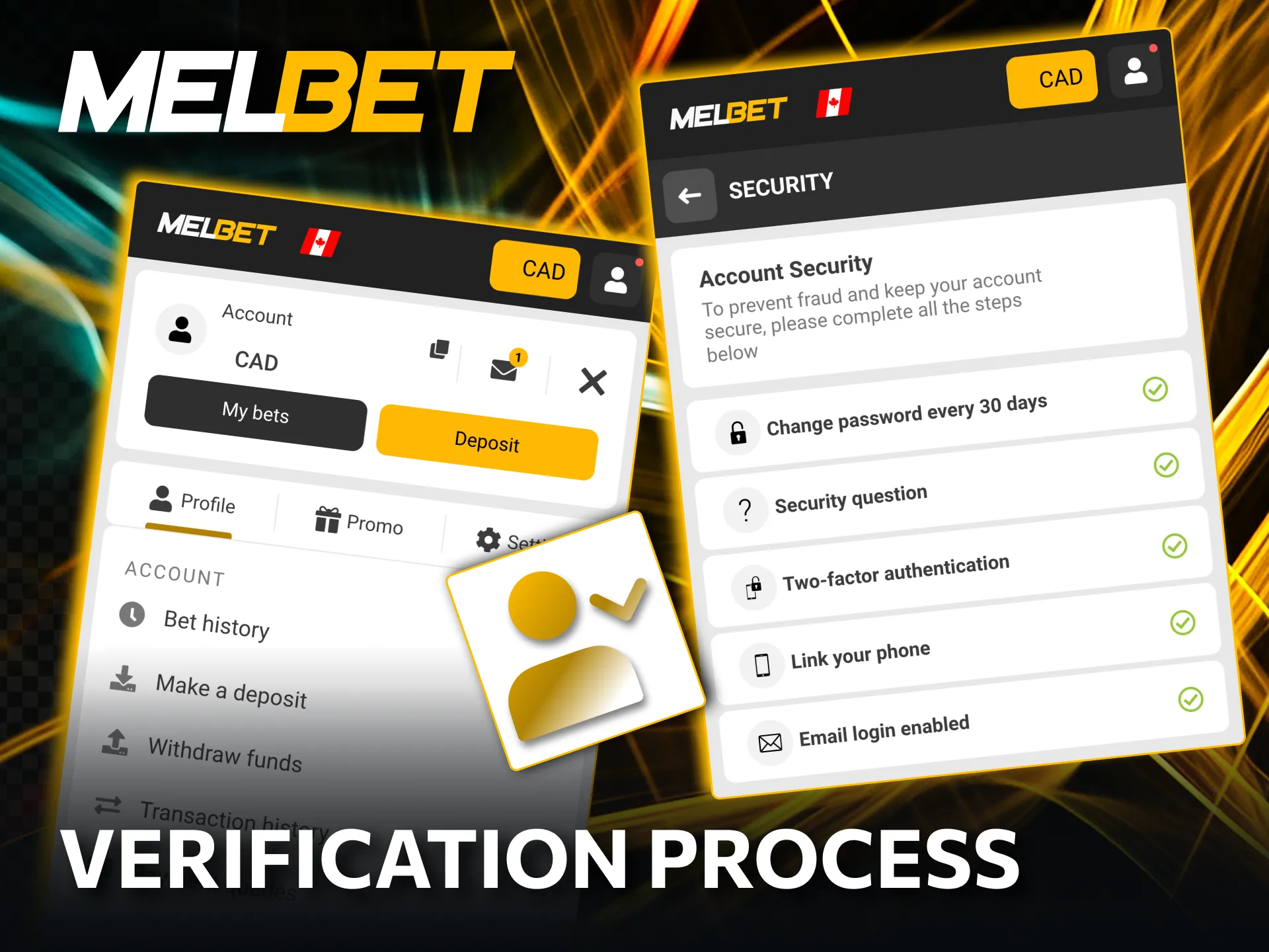 Verifying email and phone number in Melbet profile settings.