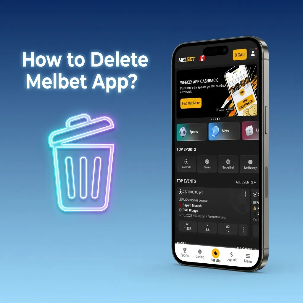 Person uninstalling Melbet app from smartphone by long-pressing icon and selecting uninstall option
