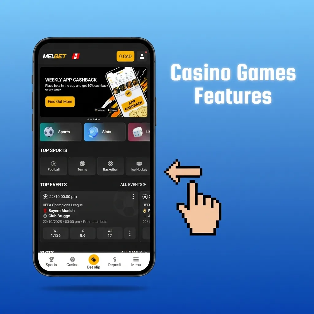 Casino interface showing slot machines, table games, and live dealer options with search and filter features